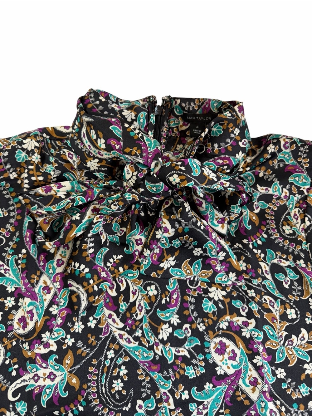 Chic Paisley Tie-Neck Blouse in Black, Teal & Purple - Picture 2 of 7